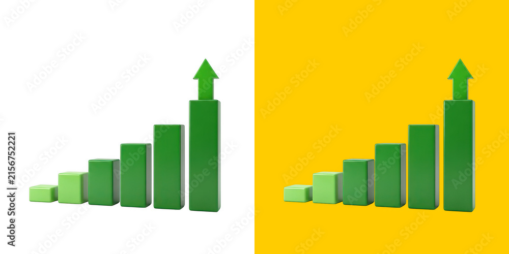 Fototapeta premium Green bar chart with upward arrow showing growth 3D icon