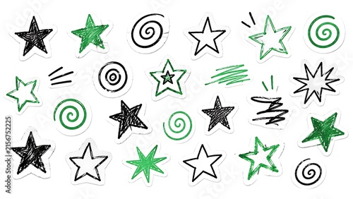 Minimalist black-and-white characters with green unky scrapbook star and spiral doodle stickers collection. Crayon drawn doodle collage stars for notes, diary.