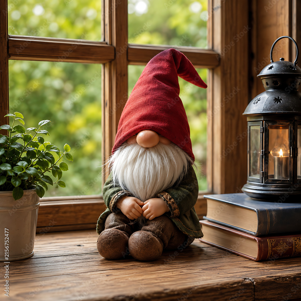 Fototapeta premium A cute decorative garden gnome sitting on a rustic wooden windowsill next to books and a lantern