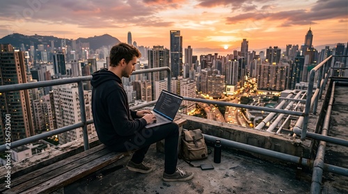Young man coding on a laptop on a city rooftop at sunset in Hong Kong