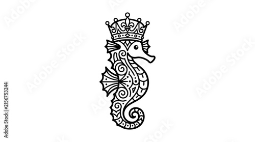 Ornate Seahorse Illustration with Crown