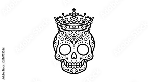 Ornate Skull with Regal Crown, Black and White Line Art