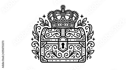 Ornate Treasure Chest with Crown and Decorative Flourishes