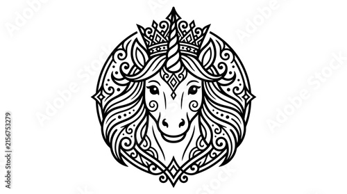 Ornate Unicorn Head with Crown, Stylized Line Art