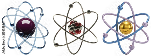 Photography Modern 3D render of various atomic models, illustrating the structure of atoms and quantum physics concepts
