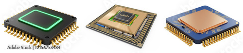 Foto Modern 3D render of various central processing units, microprocessors, and computer chips