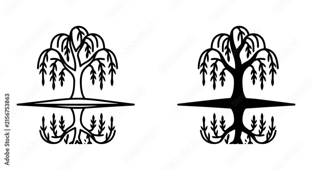 Fototapeta premium Willow Tree Silhouette, Black and White Vector Icons. Nature Symbol, Organic Growth, Reflection Art.
