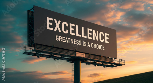 Inspirational billboard with excellence message, outdoor advertising sign against sunset sky, motivational business concept