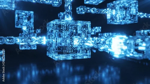 Abstract Blockchain Technology Concept with Blue Glowing Digital Cubes and Circuit Board Connections