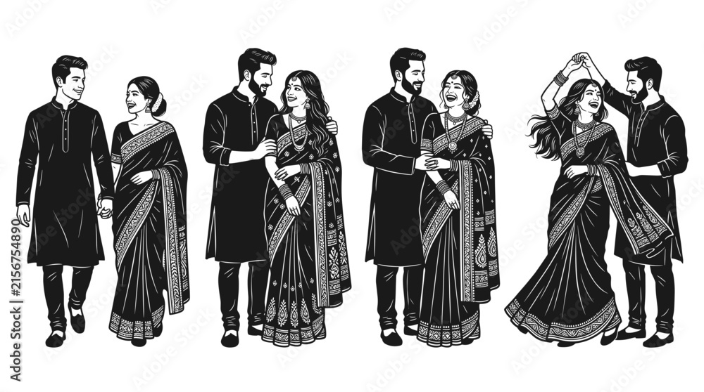 Fototapeta premium Bengali couple vector indian traditional black and white illustration set showing happy man and woman in elegant ethnic saree and kurta walking posing and dancing together.