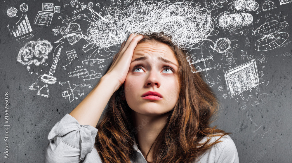 Fototapeta premium Woman with curly hair looks up while holding her head, surrounded by math and science symbols drawn on the wall in a classroom or study area during the day