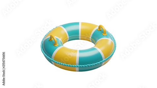 Fotografía Inflatable yellow and teal life preserver with rope and handles, isolated on tra