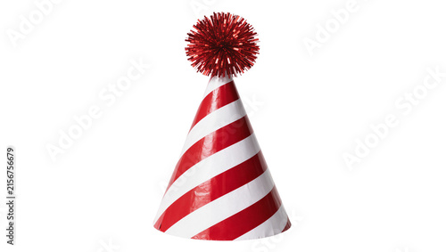 Red and white striped party hat with fluffy pompom, isolated on transparent background
