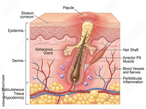 Detailed medical illustration showing human skin anatomy with a painful inflamed papule forming around an infected hair follicle cross section view