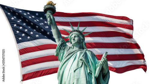 Cuadro en lienzo Statue of Liberty holding torch and tablet with American flag waving, isolated o