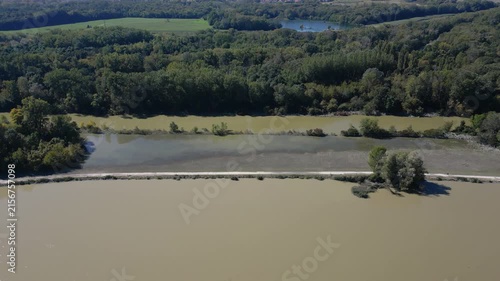 High angle view of Danube River flooding into the forest and the road, 4k