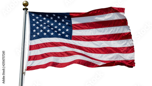 Waving American flag on metal pole with golden finial, isolated on transparent background