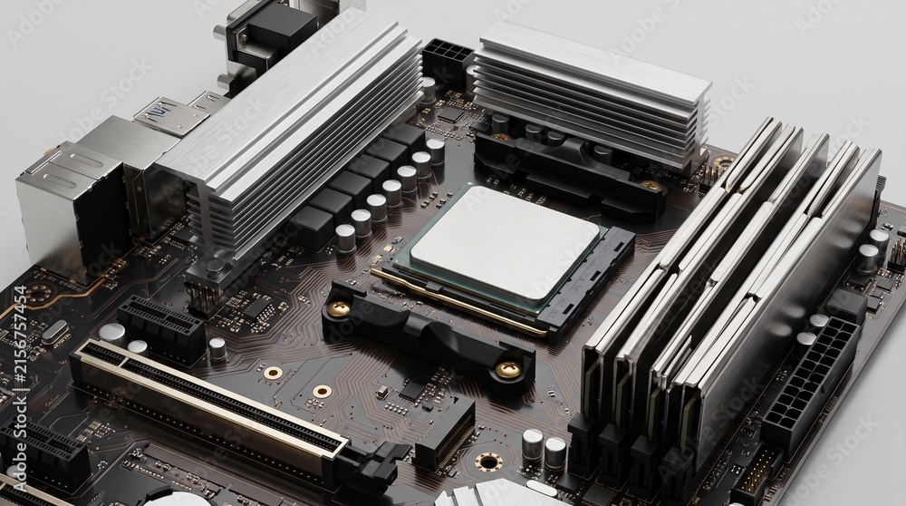 Fototapeta premium Close Up Computer Processor Installed on Modern Motherboard