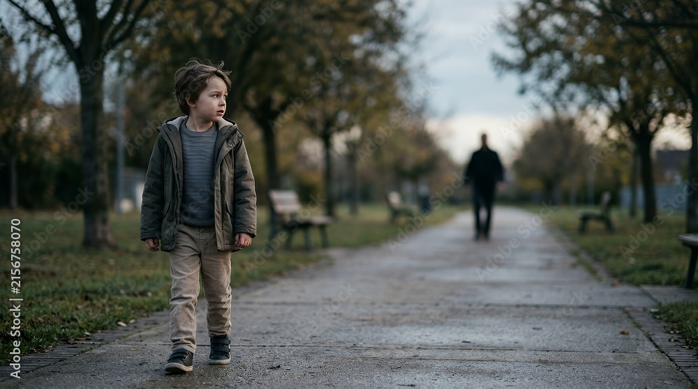 Obraz premium A young boy walking alone on a path in a park during an autumn day.