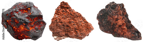 Fotografía Three mineral rock samples, one glowing with internal orange light, isolated on a white background