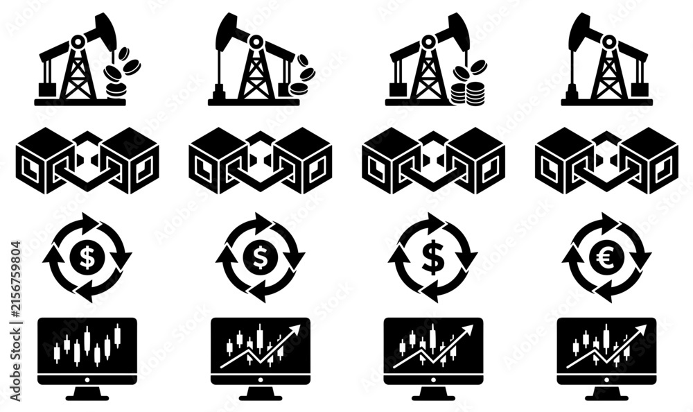 Obraz premium Global Commodity Trading and Blockchain Finance Glyph Icon Set Featuring Oil Derrick Pump Jacks Crypto Block Chains Currency Exchanges and Candlestick Charts