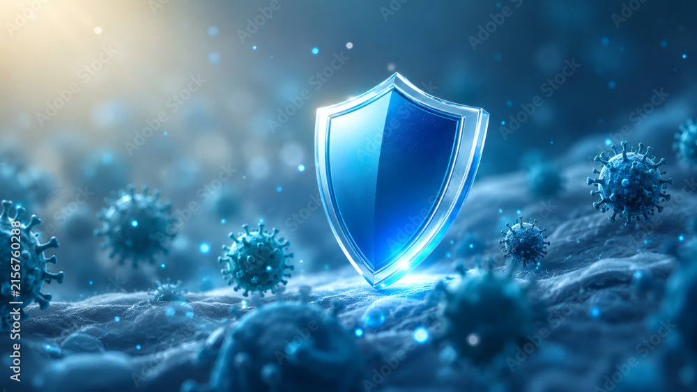 Fototapeta premium Futuristic Protective Shield Defending Against Viral Threats in a Glowing Biomedical Environment