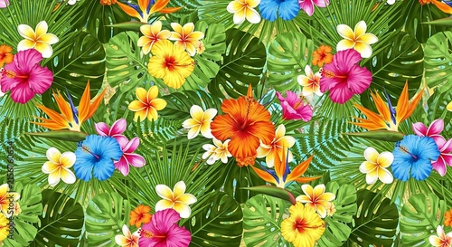 Vibrant Tropical Flowers and Green Foliage Landscape