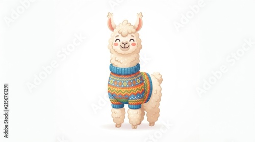 Playful plush alpaca wearing a colorful knitted sweater standing on a white studio background.
