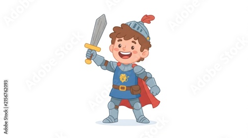 Cheerful cartoon knight child in armor brandishes a sword ready for adventure and fun.