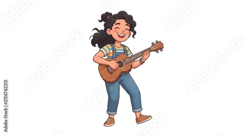 Cheerful girl playing guitar with a bright smile in casual outfit illustration.