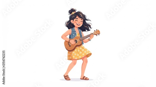 Playful cartoon girl happily strumming a ukulele and dancing with joy.