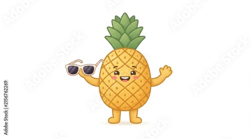Cheerful cartoon pineapple character wearing sunglasses posing playfully for fun.