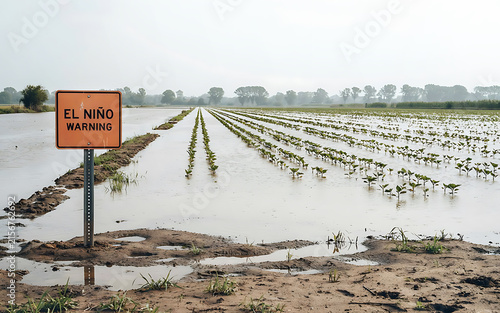 Flooded agricultural field with young crops submerged in rising water after extreme weather. Warning sign highlighting the severe impact of El Niño climate phenomenon on farmlands and food supply.