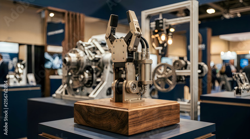 Robot gripper on wooden display platform
