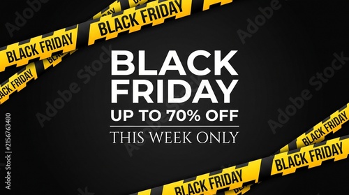 Black Friday promotional banner with yellow caution tape design for retail marketing