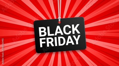 Black Friday sale tag with a bold red and white radial burst pattern hanging on a string