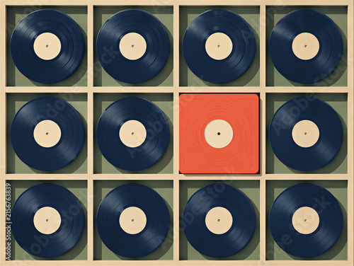 Graphic illustration of a unique red square vinyl record in a grid of black circular records. Concept of individuality and breaking the pattern