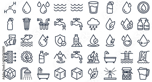Canvastavla Water Line Icon Set with Raindrops Glass H2O Molecule Purification Filter and Aq