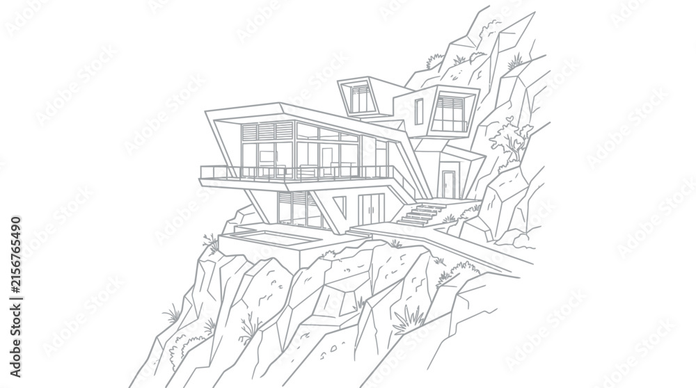 Naklejka premium Modern Cliffside House Architectural Line Art Illustration