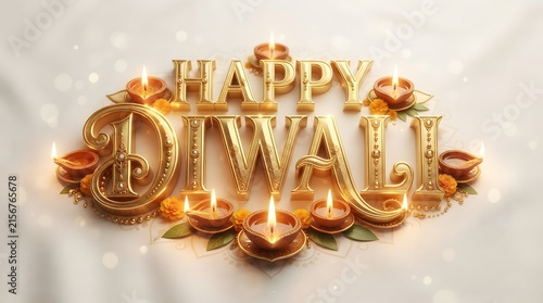 Elegant happy diwali text with golden 3d typography and decorative diya lamps isolated on white background