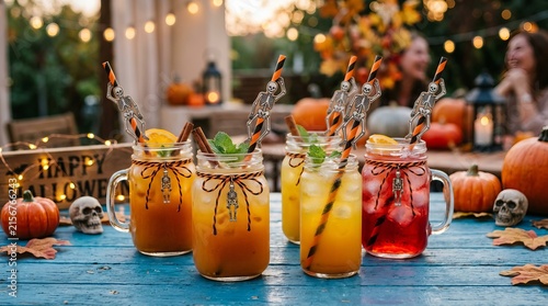 Colorful autumn harvest mason jars filled with fresh fruit juices on table.