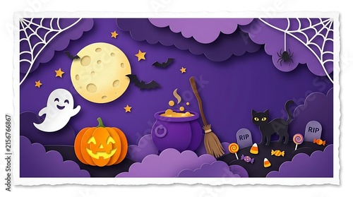 Halloween paper craft background featuring spooky ghost pumpkin cauldron cat bats with displays festive halloween halloween scene crafted
