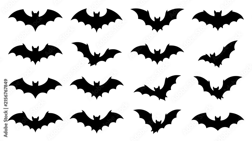 Fototapeta premium Set black bat silhouettes collection flying creatures isolated white background halloween decorative elements vector graphic design icons