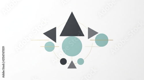 Abstract Geometric Composition of Circles and Triangles in Pastel Tones.