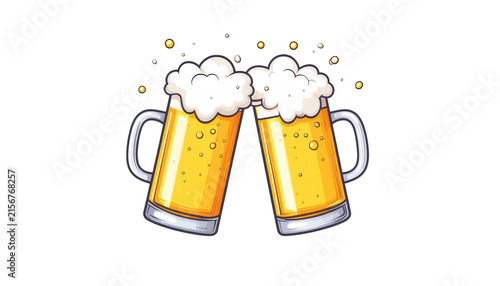 Two Foamy Beer Mugs Filled with Golden Beverage for Pub, Oktoberfest and Celebration Concept on transparent background