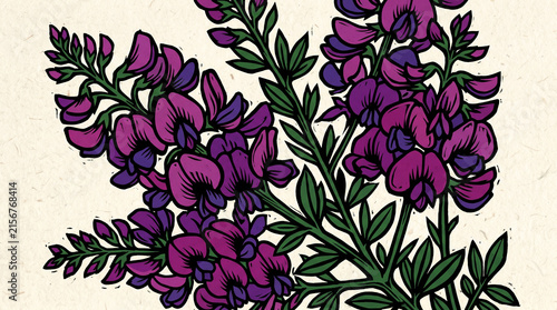 Vibrant purple wildflowers illustrated in a stylistic block print design on textured light cream paper background