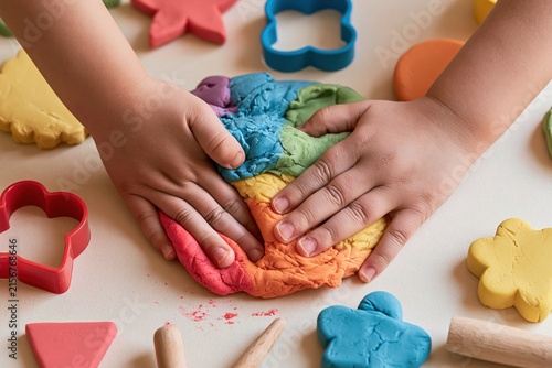 close up of child's hands pressing multicolored play dough surrounded by shape cutters during tactile creative play and early childhood sensory learning activity