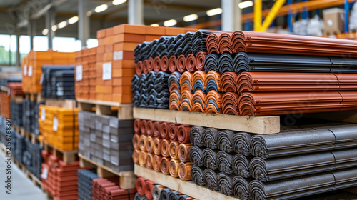Large stacks of ceramic roof tiles stored on wooden pallets inside a spacious roofing materials warehouse, different shapes, colors and profiles arranged in organized rows, realistic industrial stor
