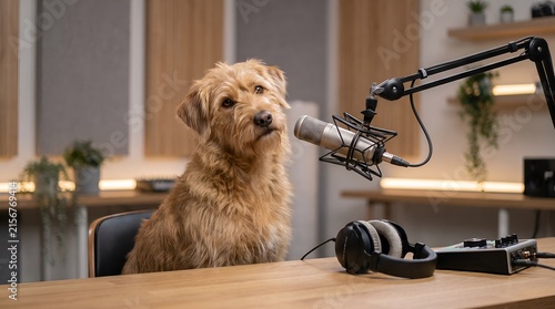 Obraz na płótnie Adorable scruffy terrier dog looking closely at a microphone while recording a podcast in a modern audio studio