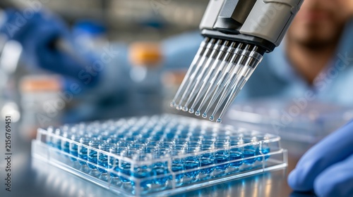 Automated liquid handler dispensing solution into a multiwell plate, close-up showcases lab technology for precise scientific analysis and data collection